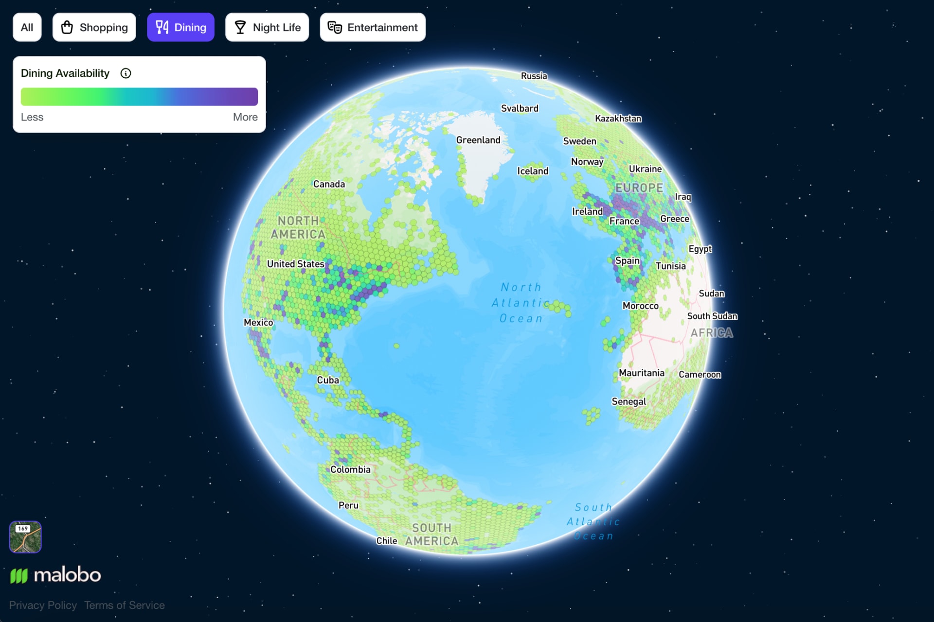 Interactive heatmap showing global hotspots and neighborhood vibes